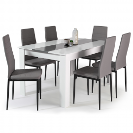 Ensemble table à manger GEORGIA 140 cm blanche et grise et 6 chaises ROMANE grises