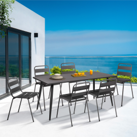 Salon de jardin VALENCIA en acier table 180 cm et 6 chaises empilables gris anthracite