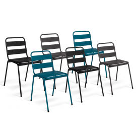 Lot de 6 chaises de jardin VALENCIA en acier mix color gris anthracite, noir et bleu