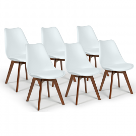 Lot de 6 chaises scandinaves SARA blanches pieds foncés pour salle à manger