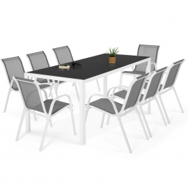 Salon de jardin MADRID table 190 CM et 8 chaises empilables structure blanche plateau gris
