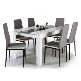 Ensemble table à manger GEORGIA 140 cm blanche et grise et 6 chaises ROMANE grises liseré blanc