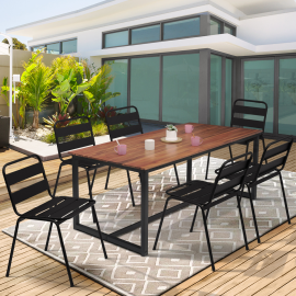 Salon de jardin SOHO acier + acacia table 180 cm et 6 chaises empilables noires design industriel