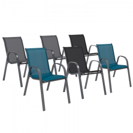 Lot de 6 chaises de jardin LYMA métal et textilène empilables gris, noir et bleu