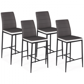Lot de 4 tabourets ROMANE en PVC gris bandeau blanc, chaises de bar rembourrées