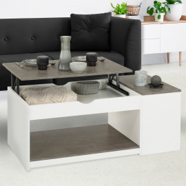 Table basse plateau relevable ELEA avec coffre bois blanc et gris effet béton