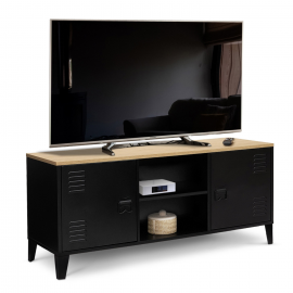 Meuble TV ESTER 2 portes métal noir et plateau bois design industriel 113 cm